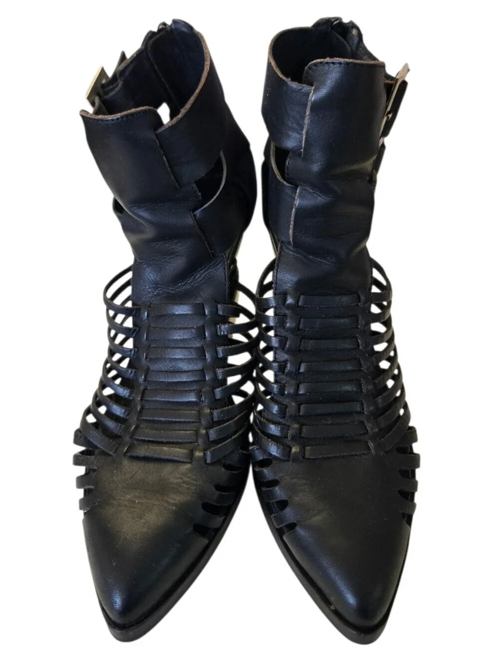Jeffrey Campbell Cantu-Low Black Leather Cage Heel Booties Size 8.5 🔥